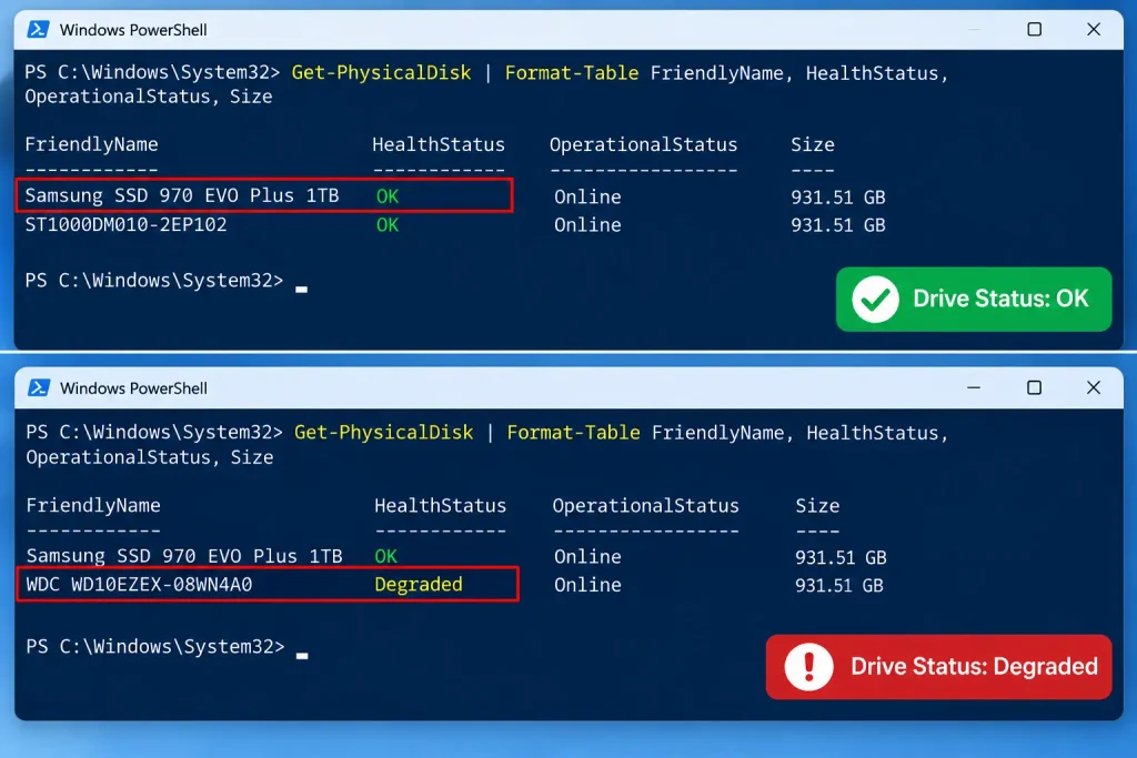 Windows PowerShell showing Get-PhysicalDisk results with drives reporting OK and Degraded health statuses.