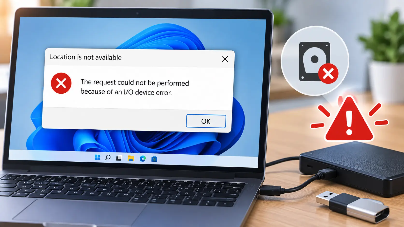 Windows laptop displaying an “I/O device error” message while an external hard drive is connected.