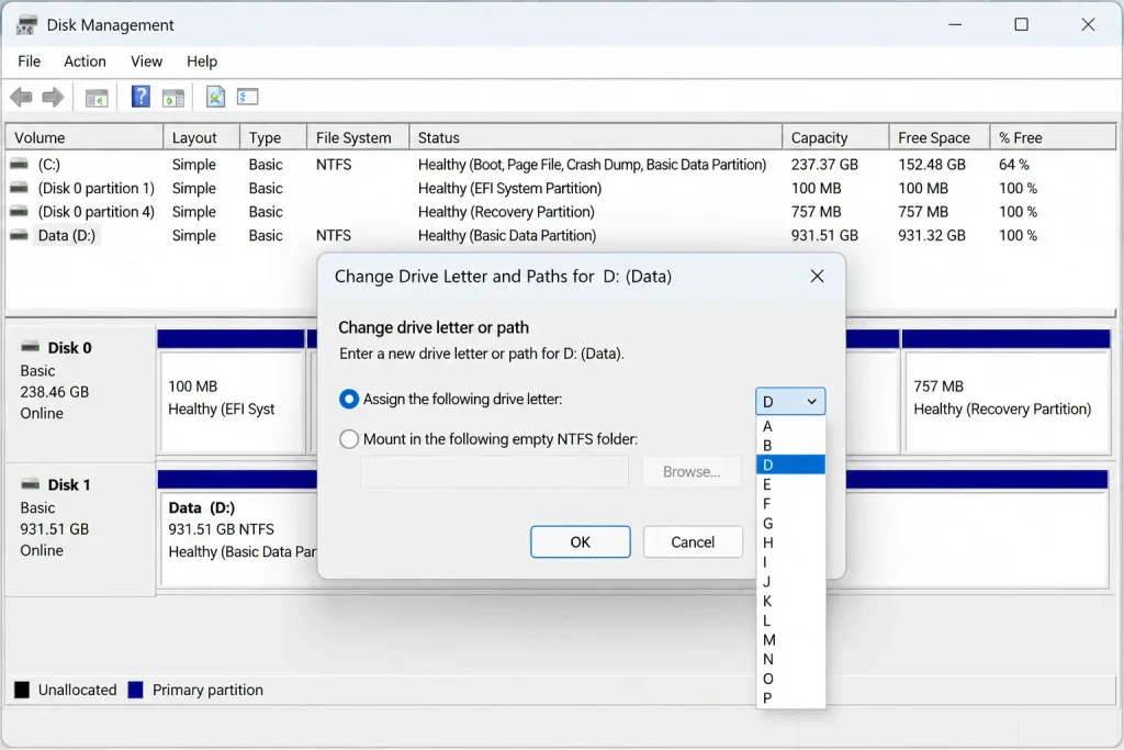 Change Drive Letter dialog with available letters