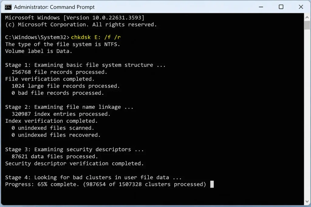 chkdsk scan bad sectors progress