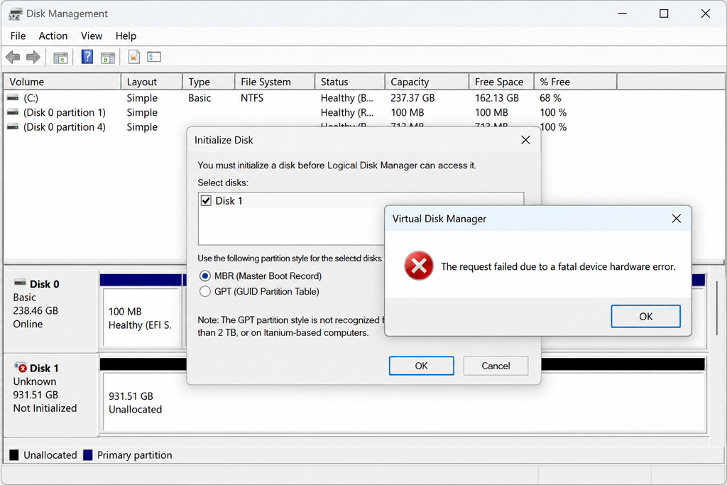 Disk Management showing fatal device hardware error