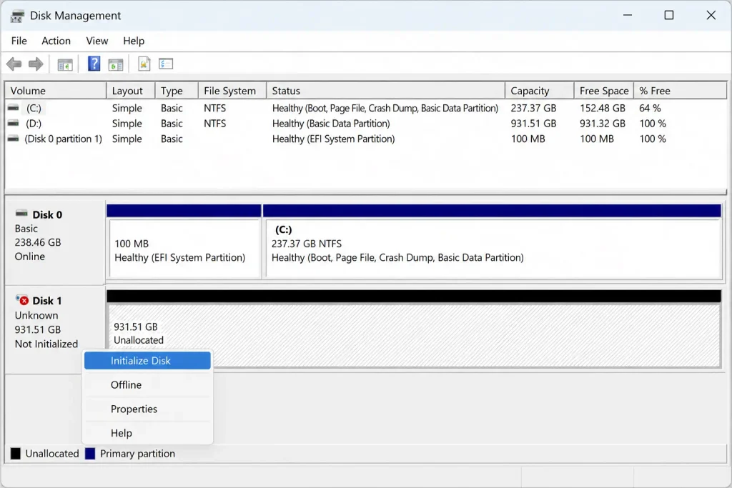 Disk Management showing Not Initialized drive and Initialize Disk menu