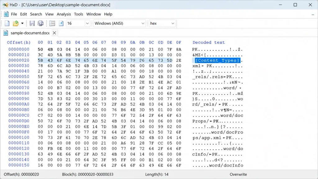 DOCX hex structure in HxD