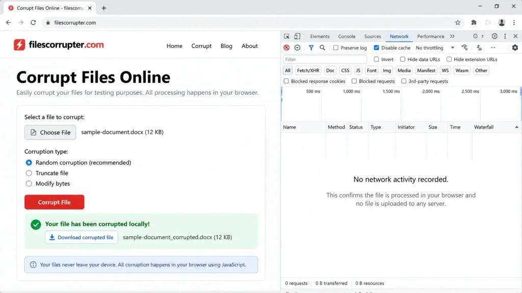 Network tab shows no upload