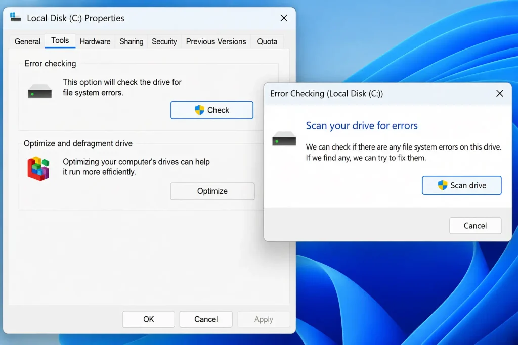 Windows Error Checking dialog with Scan drive button