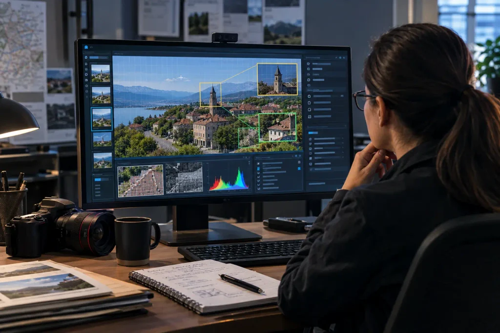 Forensic investigator analyzing a landscape photo on a computer screen.