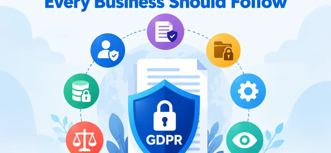 GDPR data protection principles infographic with security, privacy, compliance, and data protection icons.