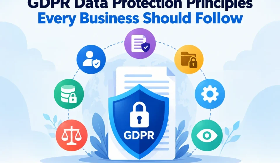 GDPR data protection principles infographic with security, privacy, compliance, and data protection icons.