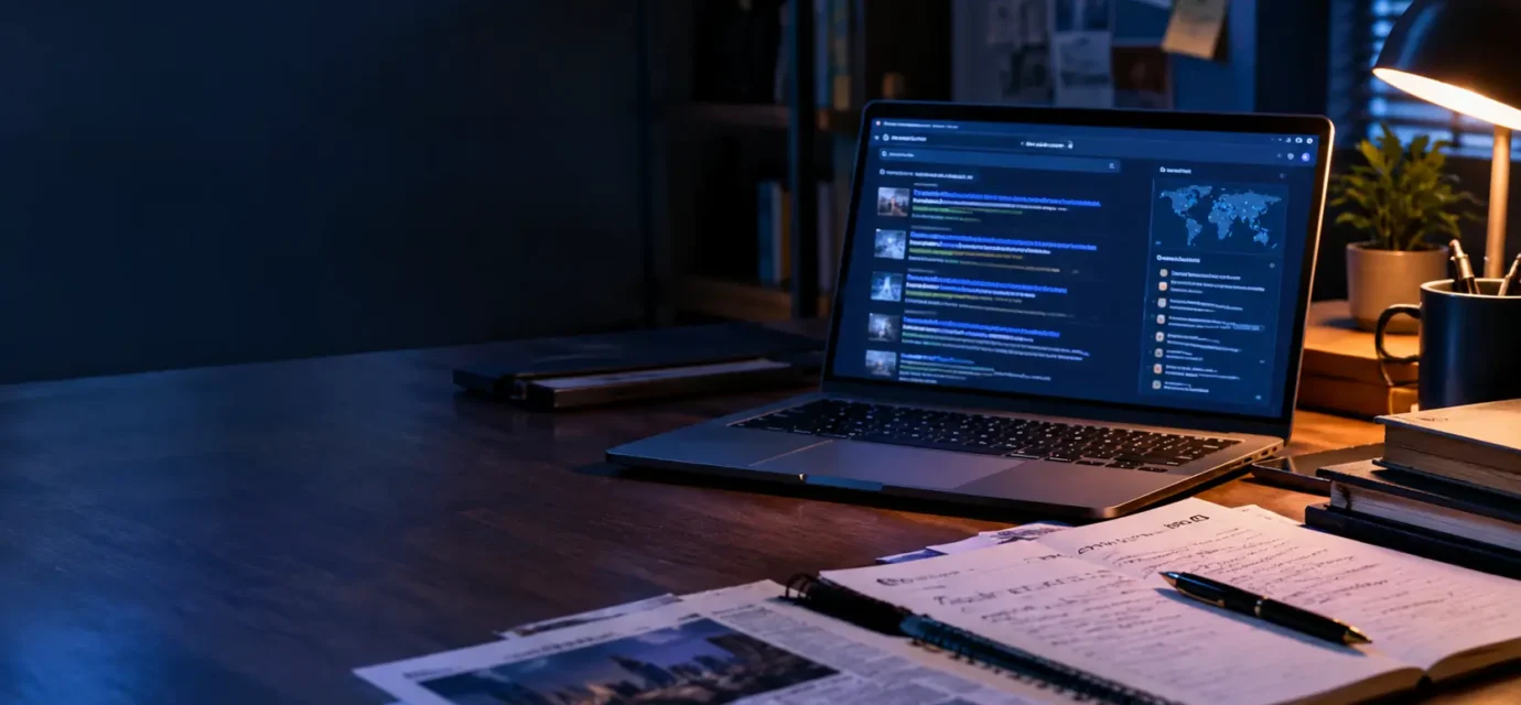 A research workspace with a laptop, notes and publicly available information.