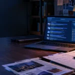 A research workspace with a laptop, notes and publicly available information.