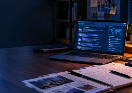 A research workspace with a laptop, notes and publicly available information.