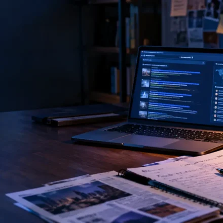 A research workspace with a laptop, notes and publicly available information.