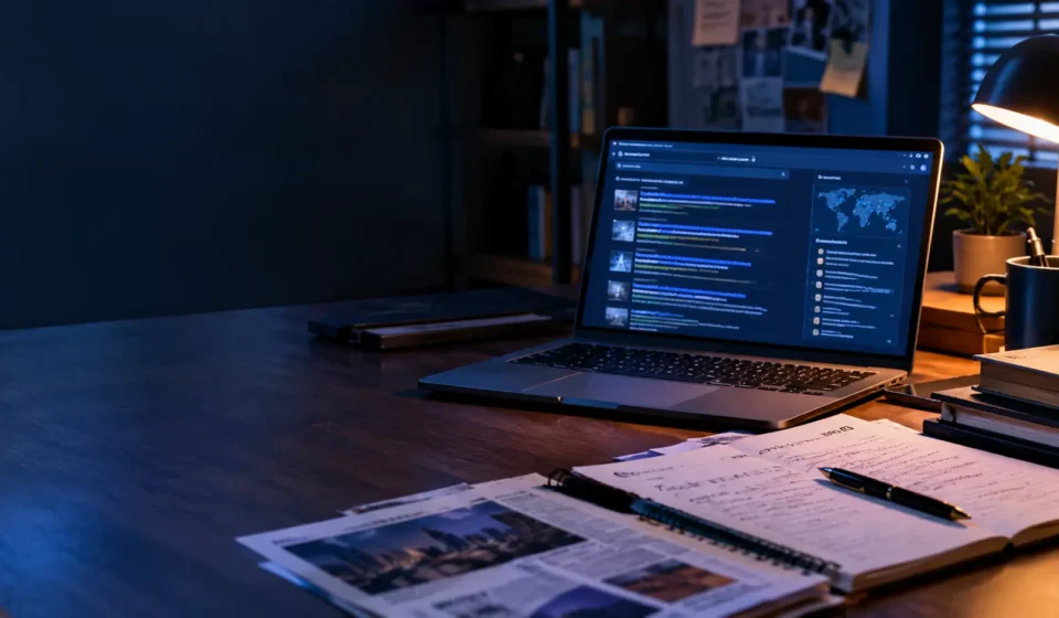 A research workspace with a laptop, notes and publicly available information.