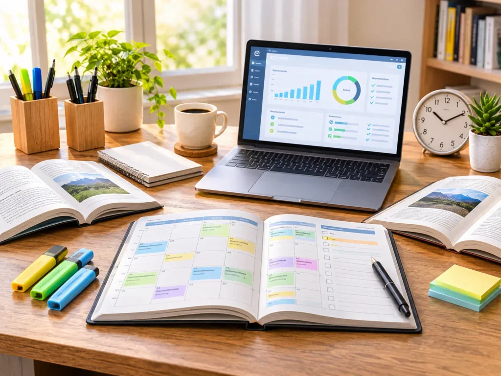 A desk with a calendar, laptop and notebook arranged for a month-long web sleuthing learning plan.