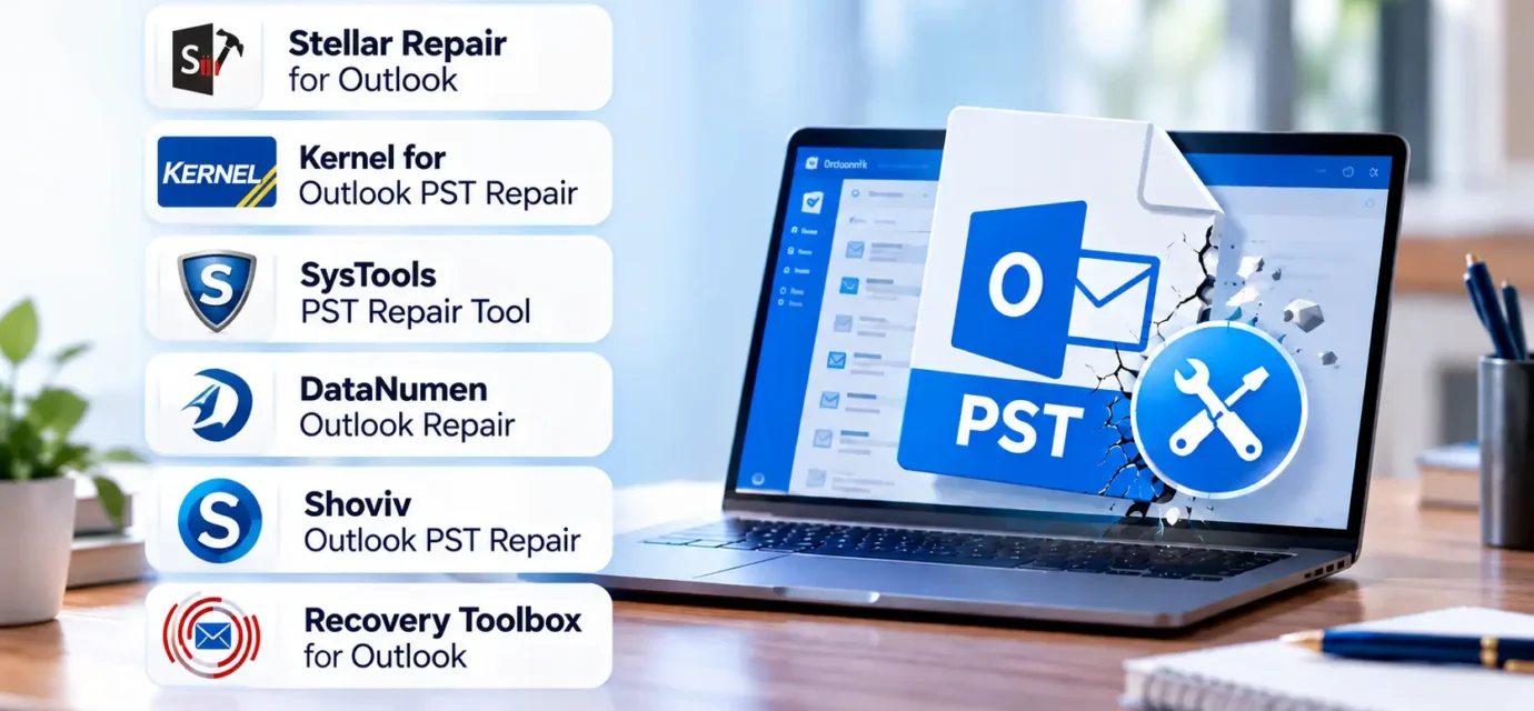 Six Outlook PST repair tools, including Stellar Repair for Outlook, Kernel for Outlook PST Repair, SysTools PST Repair Tool, DataNumen Outlook Repair, Shoviv Outlook PST Repair, and Recovery Toolbox for Outlook, displayed beside a laptop showing a corrupted PST file.