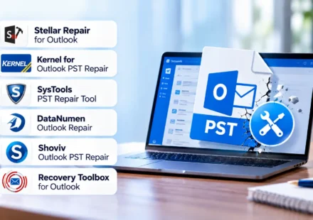 Six Outlook PST repair tools, including Stellar Repair for Outlook, Kernel for Outlook PST Repair, SysTools PST Repair Tool, DataNumen Outlook Repair, Shoviv Outlook PST Repair, and Recovery Toolbox for Outlook, displayed beside a laptop showing a corrupted PST file.