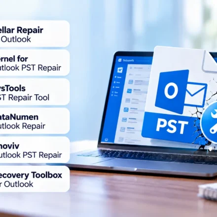Six Outlook PST repair tools, including Stellar Repair for Outlook, Kernel for Outlook PST Repair, SysTools PST Repair Tool, DataNumen Outlook Repair, Shoviv Outlook PST Repair, and Recovery Toolbox for Outlook, displayed beside a laptop showing a corrupted PST file.