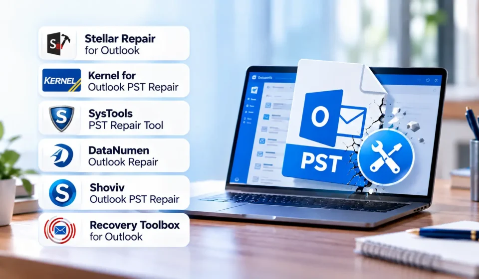 Six Outlook PST repair tools, including Stellar Repair for Outlook, Kernel for Outlook PST Repair, SysTools PST Repair Tool, DataNumen Outlook Repair, Shoviv Outlook PST Repair, and Recovery Toolbox for Outlook, displayed beside a laptop showing a corrupted PST file.