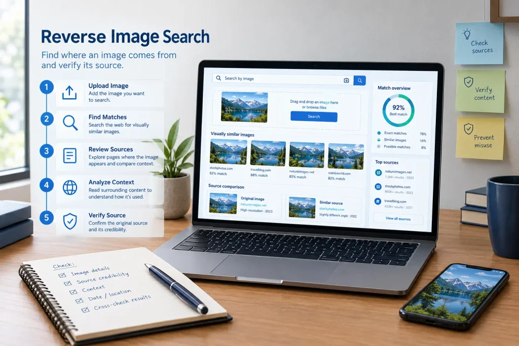 Reverse image search workflow on a laptop with source verification.